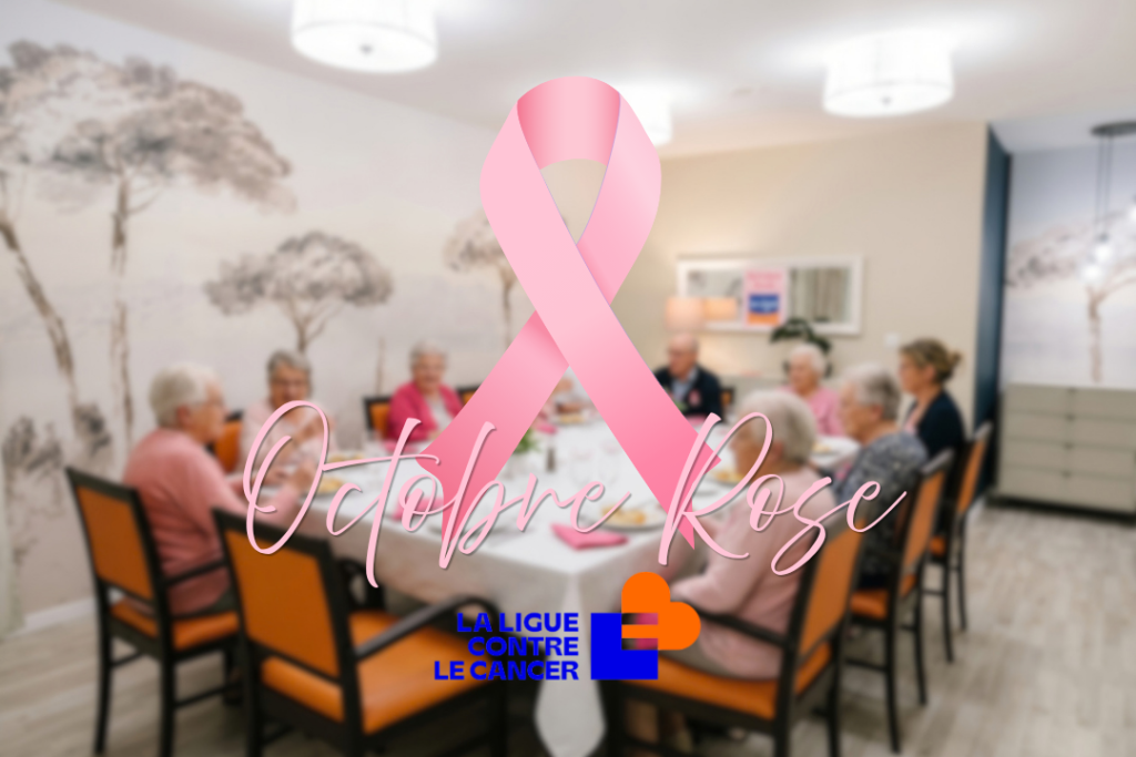 Des résidents seniors partagent un déjeuner solidaire pour Octobre Rose dans la salle de restaurant des Jardins d'Arcadie à Nantes Bellamy, en soutien à la Ligue contre le cancer.