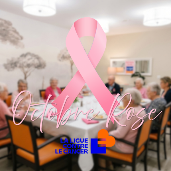 Des résidents seniors partagent un déjeuner solidaire pour Octobre Rose dans la salle de restaurant des Jardins d'Arcadie à Nantes Bellamy, en soutien à la Ligue contre le cancer.