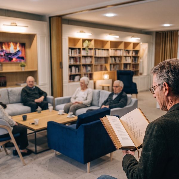 Homme élégant de dos lisant un recueil de poésie à un groupe de personnes âgées dans le salon chaleureux d'une résidence pour seniors à Nantes.