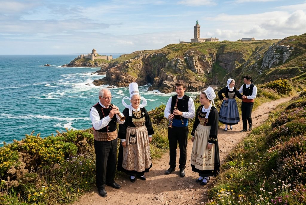 Groupe de musiciens en costumes traditionnels bretons sur le sentier côtier du Cap Fréhel avec un phare en arrière-plan en Bretagne