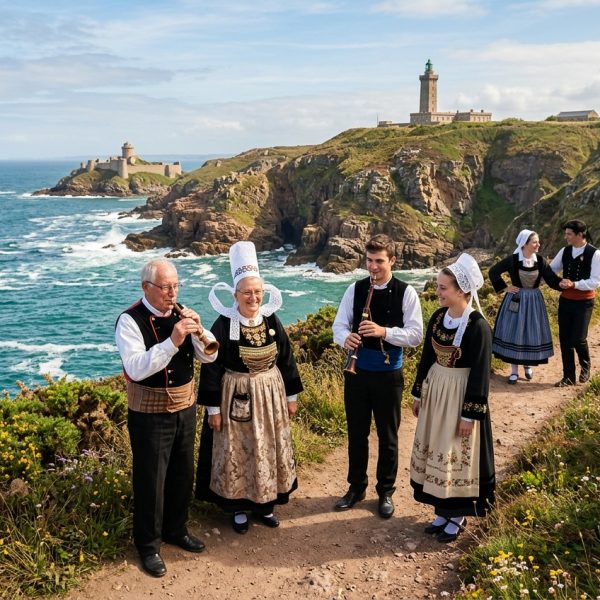 Groupe de musiciens en costumes traditionnels bretons sur le sentier côtier du Cap Fréhel avec un phare en arrière-plan en Bretagne