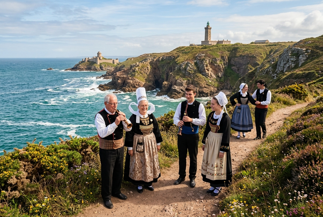 Groupe de musiciens en costumes traditionnels bretons sur le sentier côtier du Cap Fréhel avec un phare en arrière-plan en Bretagne